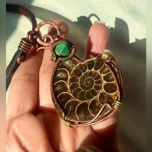 Unisex Ammonite fossil Pendant copper wire, malachite gemstone, leather cord
